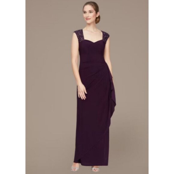 Alex Evenings Embellished Shoulder Long Dress with Tulip Skirt Plum 18 - Picture 1 of 8